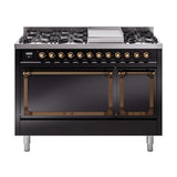 ILVE UN48FQNMPBKB Nostalgie II Noblesse 48 inch Dual Fuel Range (8 Sealed Burners + Griddle, Natural Gas, Solid Door, Glossy Black, Burnished)