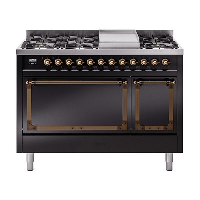 ILVE UN48FQNMPBKB Nostalgie II Noblesse 48 inch Dual Fuel Range (8 Sealed Burners + Griddle, Natural Gas, Solid Door, Glossy Black, Burnished)