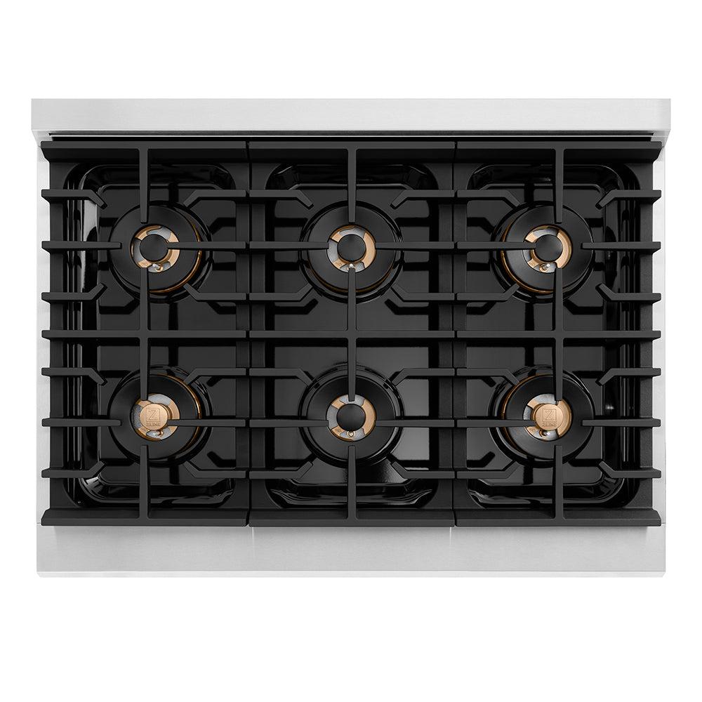 ZLINE Autograph Edition 36 in. 5.2 cu. ft. Paramount Gas Range with 6 Burner DuoPro? Cooktop and Convection Gas Oven in Stainless Steel with Champagne Bronze Helix Handle and Accents (PSGRZ-36-KCB)