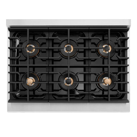 ZLINE Autograph Edition 36 in. 5.2 cu. ft. Paramount Gas Range with 6 Burner DuoPro? Cooktop and Convection Gas Oven in Stainless Steel with Champagne Bronze Helix Handle and Accents (PSGRZ-36-KCB)