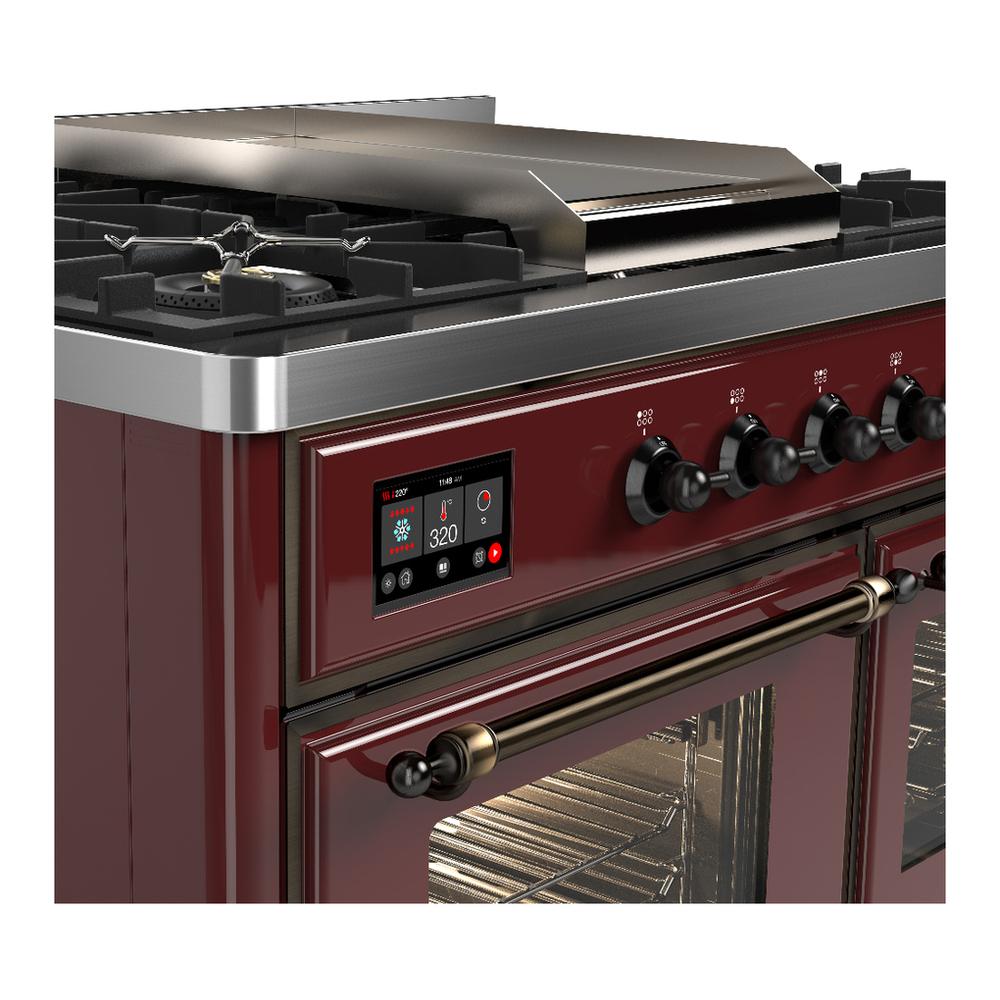 ILVE UMD40FNR3BUBLP Majestic III 40 inch Dual Fuel Range with 6 Burners and Griddle, Dual Function Burner up to 25,000 BTU (Liquid Propane, Triple Glass Door, Burgundy, Burnished)