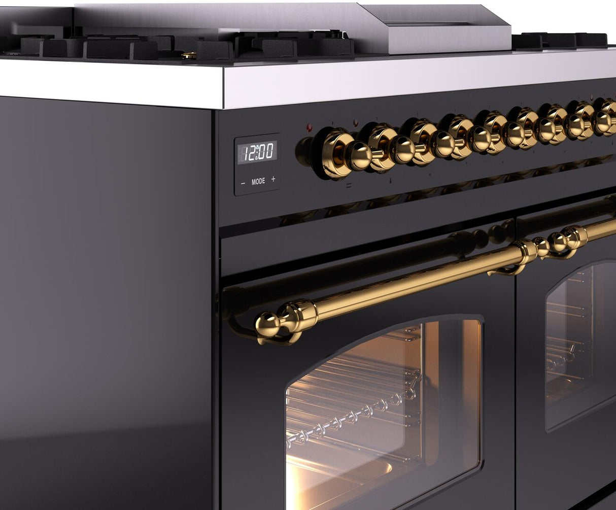 Nostalgie II 40 Inch Dual Fuel Natural Gas Freestanding Range in Glossy Black with Brass Trim