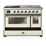 ILVE UM48FSNR3AWBLP Majestic III 48 inch Dual Fuel Range with 5 Black Brass Burners, Griddle and French Top, Dual Function Burner up to 25,000 BTU (Liquid Propane, Triple Glass Door, Antique White, Burnished)