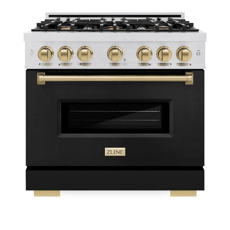 ZLINE Autograph Edition 36 in. 5.2 cu. ft. Classic Dual Fuel Range with 6 Burner Gas Cooktop and Electric Convection Oven in DuraSnow' Stainless Steel with Black Matte Door and Champagne Bronze Accents (CDRSZ-BLM-36-CB)