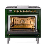 ILVE UN36FQNMPEGG Nostalgie II Noblesse 36 inch Dual Fuel Range (Natural Gas, Solid Door, Emerald Green, Brass)