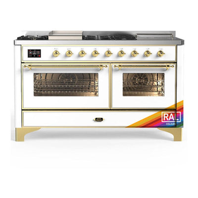 ILVE UM60FSNR3RAG Majestic III 60 inch Dual Fuel Range with 7 Burners, Griddle and French Top, Dual Function Burner with up to 25,000 BTU (Natural Gas, Triple Glass Door, RAL, Brass)
