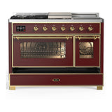 ILVE UM48FSNR3BUG Majestic III 48 inch Dual Fuel Range with 5 Black Brass Burners, Griddle and French Top, Dual Function Burner up to 25,000 BTU (Natural Gas, Triple Glass Door, Burgundy, Brass)