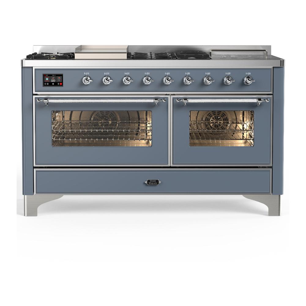 ILVE UM60FSNR3BGCLP Majestic III 60 inch Dual Fuel Range with 7 Burners, Griddle and French Top, Dual Function Burner with up to 25,000 BTU (Liquid Propane, Triple Glass Door, Blue Grey, Chrome)