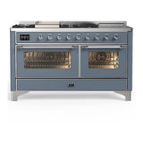 ILVE UM60FSNR3BGCLP Majestic III 60 inch Dual Fuel Range with 7 Burners, Griddle and French Top, Dual Function Burner with up to 25,000 BTU (Liquid Propane, Triple Glass Door, Blue Grey, Chrome)