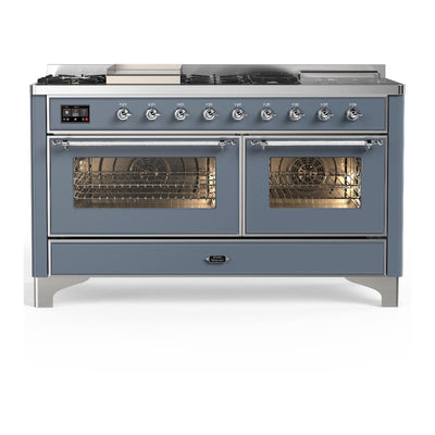 ILVE UM60FSNR3BGCLP Majestic III 60 inch Dual Fuel Range with 7 Burners, Griddle and French Top, Dual Function Burner with up to 25,000 BTU (Liquid Propane, Triple Glass Door, Blue Grey, Chrome)