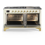 ILVE UM60FNR3AWGLP Majestic III 60 inch Dual Fuel Range with 9 Burners and Griddle, Dual Function Burner up to 25,000 BTU (Liquid Propane, Triple Glass Door, Antique White, Brass)