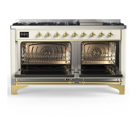 ILVE UM60FNR3AWGLP Majestic III 60 inch Dual Fuel Range with 9 Burners and Griddle, Dual Function Burner up to 25,000 BTU (Liquid Propane, Triple Glass Door, Antique White, Brass)