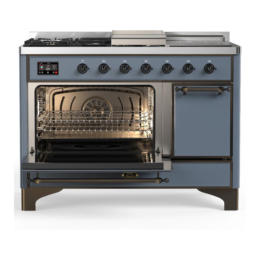 ILVE UM48FSQNR3BGB Majestic III 48 inch Dual Fuel Range with 5 Black Brass Burners, Griddle and French Top, Dual Function Burner up to 25,000 BTU (Natural Gas, Solid Door, Blue Grey, Burnished)