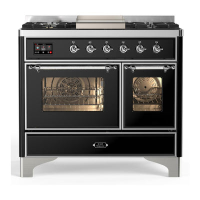 ILVE UMD40FNR3BKCLP Majestic III 40 inch Dual Fuel Range with 6 Burners and Griddle, Dual Function Burner up to 25,000 BTU (Liquid Propane, Triple Glass Door, Glossy Black, Chrome)