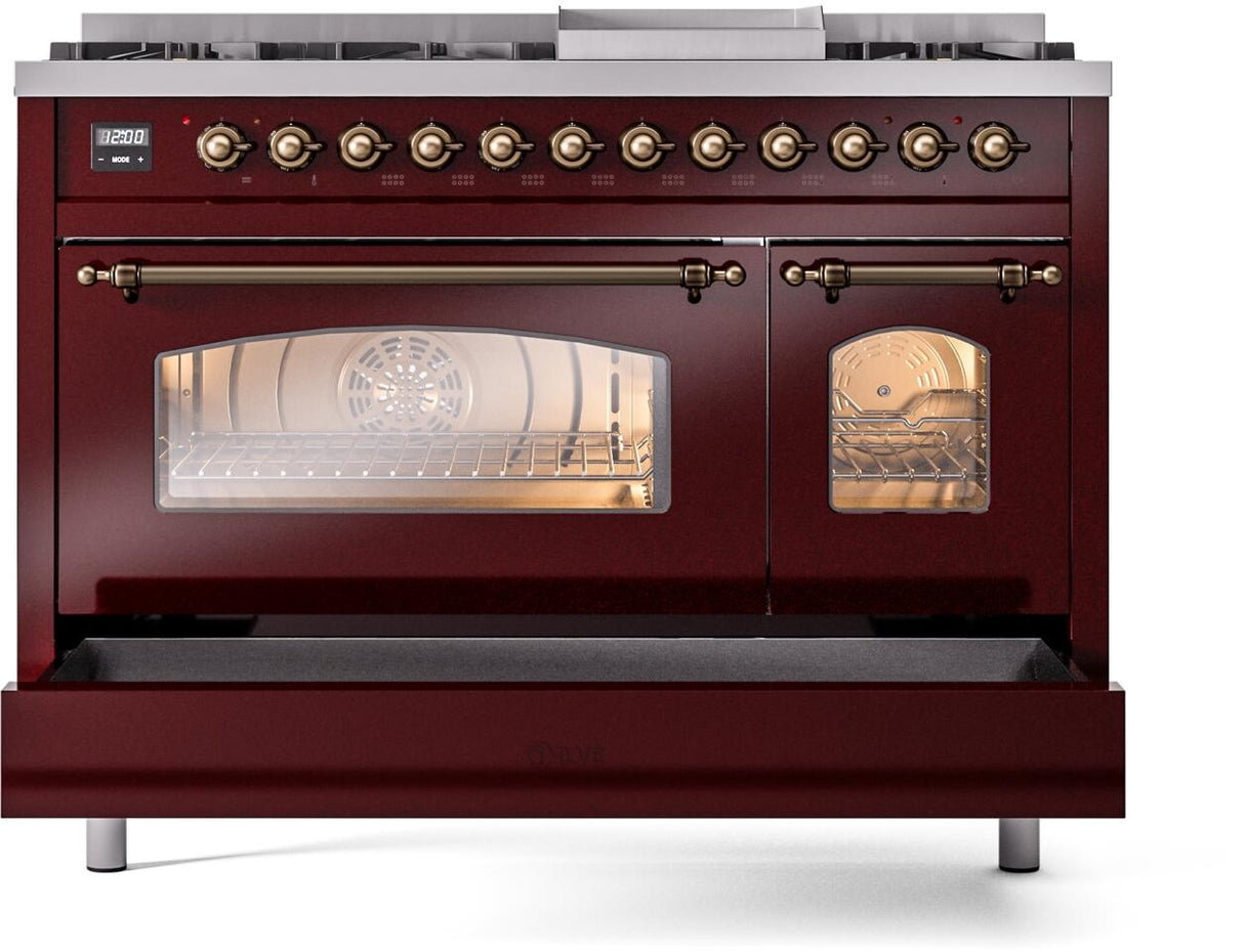 Nostalgie II 48 Inch Dual Fuel Natural Gas Freestanding Range in Burgundy with Bronze Trim
