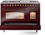 Nostalgie II 48 Inch Dual Fuel Natural Gas Freestanding Range in Burgundy with Bronze Trim