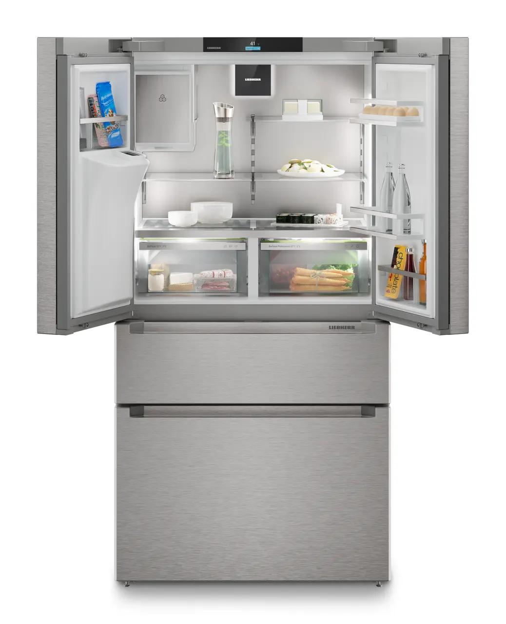 French door fridge-freezer with 2 freezer drawers and water and ice cube dispenser
