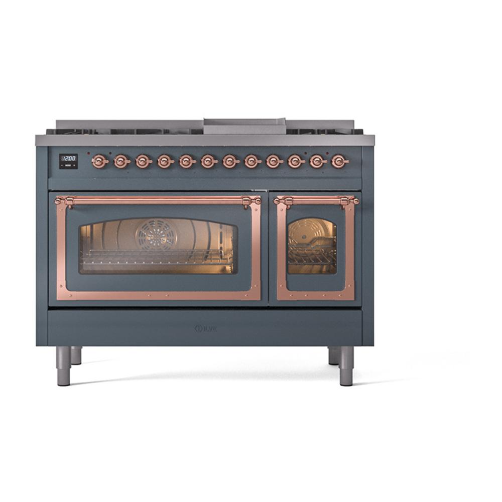 ILVE UN48FNMPBGPLP Nostalgie II Noblesse 48 inch Dual Fuel Range (8 Sealed Burners + Griddle, Liquid Propane, Triple Glass Door, Blue Grey, Copper)