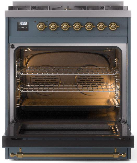 Nostalgie II 30 Inch Dual Fuel Liquid Propane Freestanding Range in Blue Grey with Brass Trim
