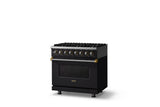36"W. Dual Fuel Range (Burner: 6b, Finish: Onyx, Trim: Brushed Brass, Fuel: Natural Gas)