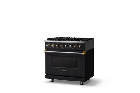 36"W. Dual Fuel Range (Burner: 6b, Finish: Onyx, Trim: Brushed Brass, Fuel: Propane)