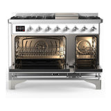 ILVE UM48FQNR3WHC Majestic III 48 inch Dual Fuel Range with 8 Burners and Griddle, Dual Function Burner up to 25,000 BTU (Natural Gas, Solid Door, White, Chrome)