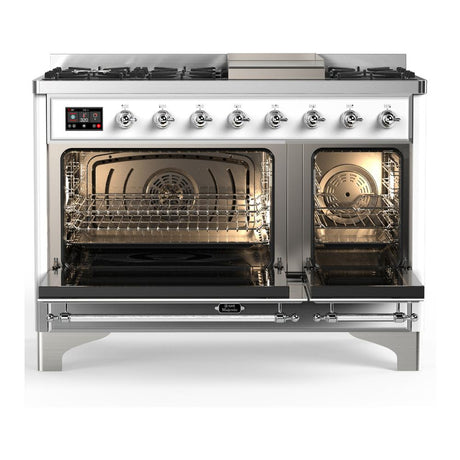 ILVE UM48FQNR3WHC Majestic III 48 inch Dual Fuel Range with 8 Burners and Griddle, Dual Function Burner up to 25,000 BTU (Natural Gas, Solid Door, White, Chrome)