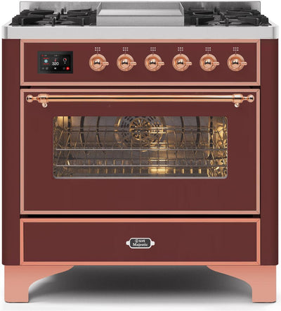 Majestic II 36 Inch Dual Fuel Natural Gas Freestanding Range in Burgundy with Copper Trim