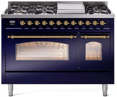 Nostalgie II 48 Inch Dual Fuel Natural Gas Freestanding Range in Blue with Brass Trim