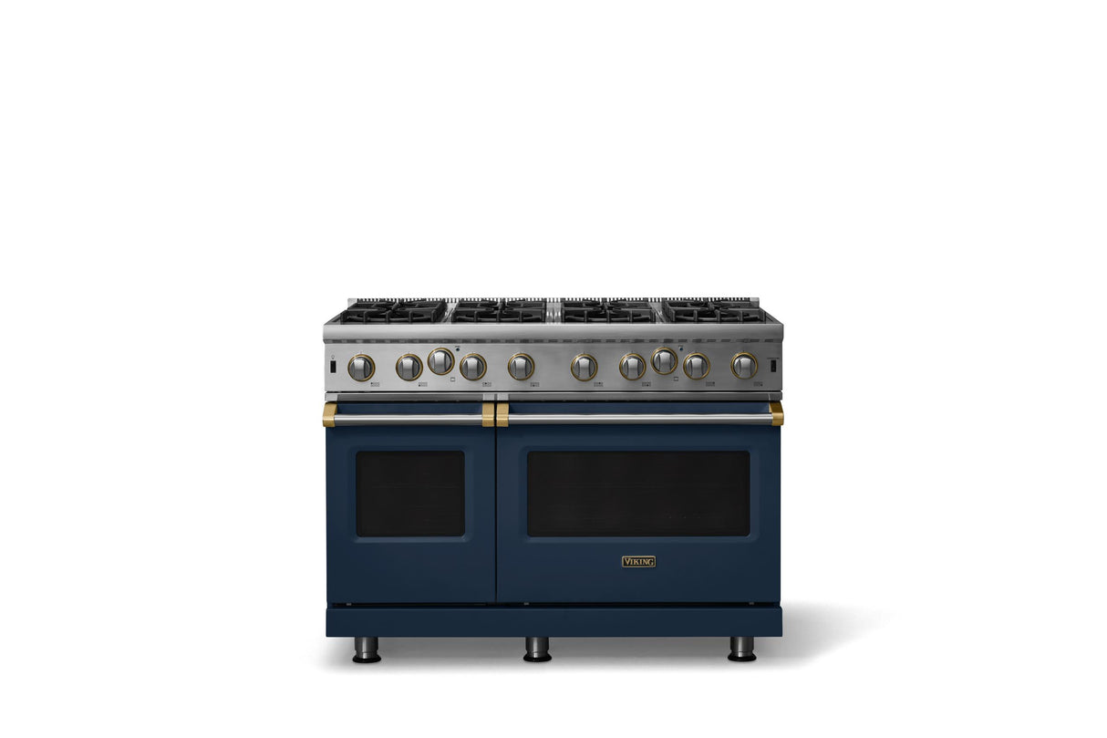 48"W. Open Burner Gas Range (Finish: Slate Blue, Trim: Brushed Brass, Fuel: Natural Gas)
