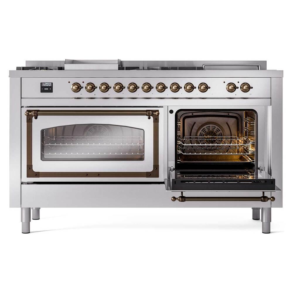 ILVE UN60FSNMPSSBLP Nostalgie II Noblesse 60 inch Dual Fuel Range (7 Sealed Burners + Griddle + French Top, Liquid Propane, Triple Glass Door, Stainless Steel, Burnished)