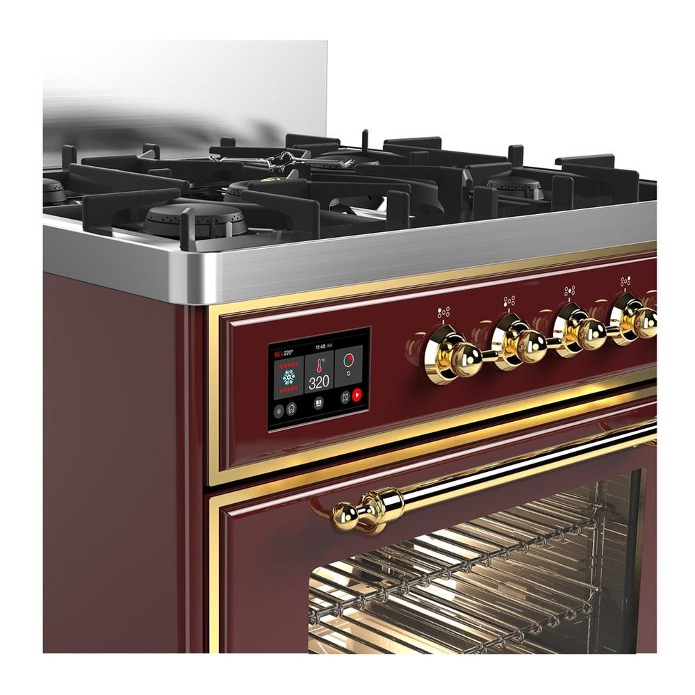 ILVE UM30NR3BUG Majestic III 30 inch Dual Fuel Range with 5 Black Brass Burners, Dual Function Burner up to 25,000 BTU (Natural Gas, Triple Glass Door, Burgundy, Brass)