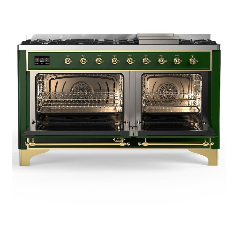 ILVE UM60FQNR3EGGLP Majestic III 60 inch Dual Fuel Range with 9 Burners and Griddle, Dual Function Burner up to 25,000 BTU (Liquid Propane, Solid Door, Emerald Green, Brass)