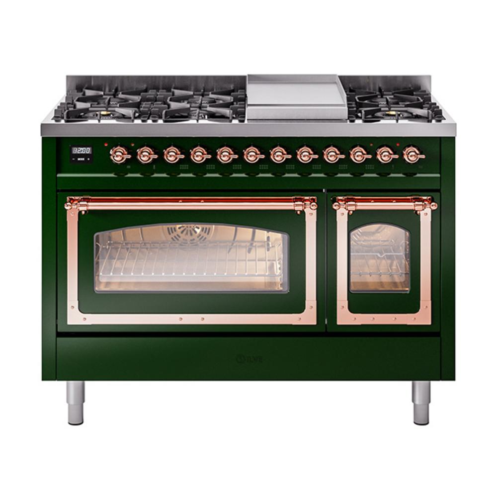 ILVE UN48FNMPEGPLP Nostalgie II Noblesse 48 inch Dual Fuel Range (8 Sealed Burners + Griddle, Liquid Propane, Triple Glass Door, Emerald Green, Copper)