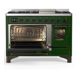 ILVE UM48FNR3EGB Majestic III 48 inch Dual Fuel Range with 8 Burners and Griddle, Dual Function Burner up to 25,000 BTU (Natural Gas, Triple Glass Door, Emerald Green, Burnished)