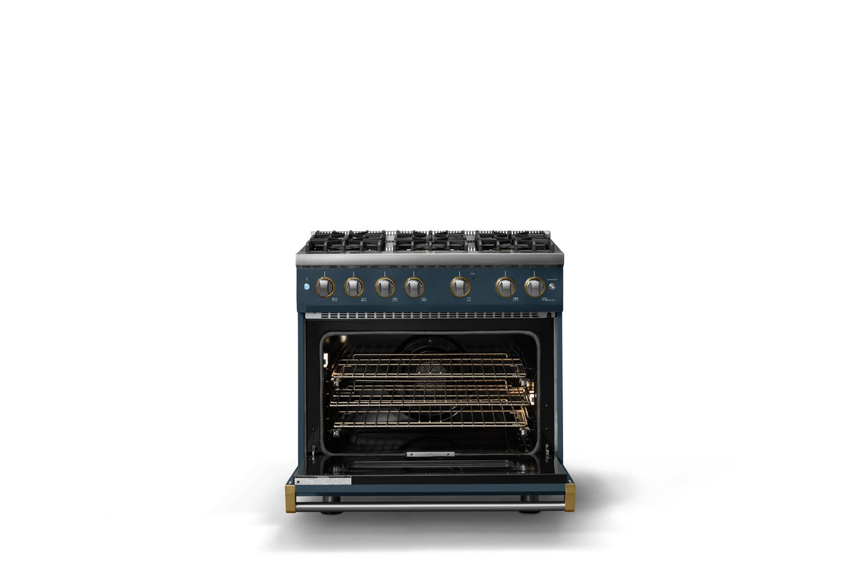 36"W. Sealed Burner Gas Range (Burner: 6b, Finish: Squall, Trim: Brushed Brass, Fuel: Natural Gas)