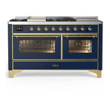 ILVE UM60FSNR3MBG Majestic III 60 inch Dual Fuel Range with 7 Burners, Griddle and French Top, Dual Function Burner with up to 25,000 BTU (Natural Gas, Triple Glass Door, Midnight Blue, Brass)
