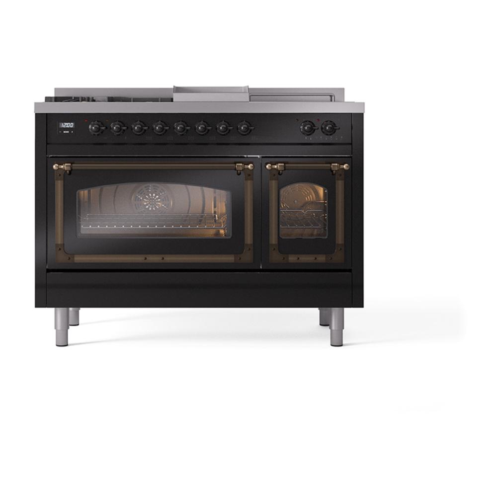 ILVE UN48FSNMPBKB Nostalgie II Noblesse 48 inch Dual Fuel Range (5 Sealed Burners + Griddle + French Top, Natural Gas, Triple Glass Door, Glossy Black, Burnished)