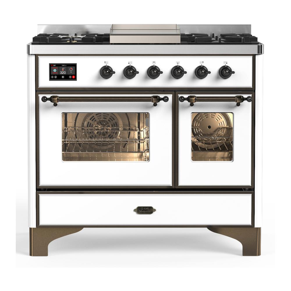 ILVE UMD40FNR3WHBLP Majestic III 40 inch Dual Fuel Range with 6 Burners and Griddle, Dual Function Burner up to 25,000 BTU (Liquid Propane, Triple Glass Door, White, Burnished)