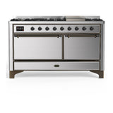 ILVE UM60FQNR3SSBLP Majestic III 60 inch Dual Fuel Range with 9 Burners and Griddle, Dual Function Burner up to 25,000 BTU (Liquid Propane, Solid Door, Stainless Steel, Burnished)