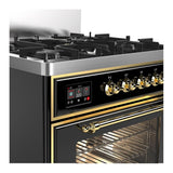ILVE UM30NR3BKGLP Majestic III 30 inch Dual Fuel Range with 5 Black Brass Burners, Dual Function Burner up to 25,000 BTU (Liquid Propane, Triple Glass Door, Glossy Black, Brass)