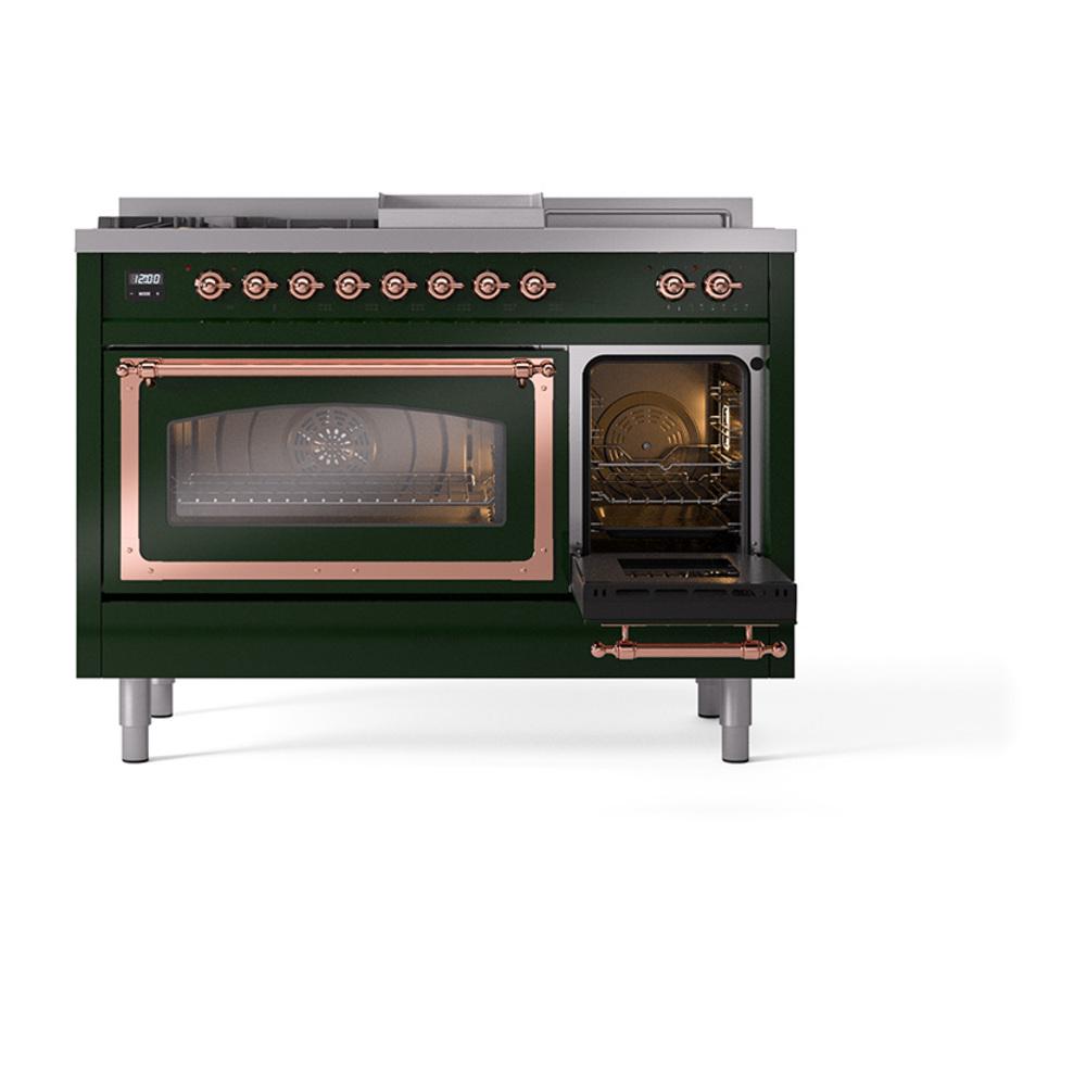 ILVE UN48FSNMPEGPLP Nostalgie II Noblesse 48 inch Dual Fuel Range (5 Sealed Burners + Griddle + French Top, Liquid Propane, Triple Glass Door, Emerald Green, Copper)
