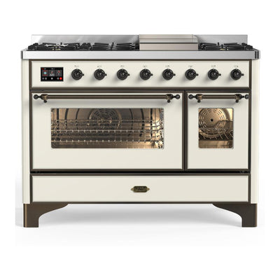 ILVE UM48FNR3AWBLP Majestic III 48 inch Dual Fuel Range with 8 Burners and Griddle, Dual Function Burner up to 25,000 BTU (Liquid Propane, Triple Glass Door, Antique White, Burnished)