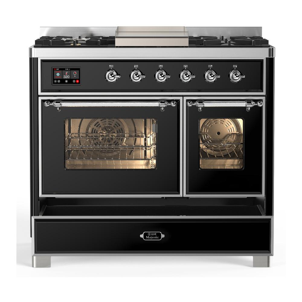 ILVE UMD40FNR3BKCLP Majestic III 40 inch Dual Fuel Range with 6 Burners and Griddle, Dual Function Burner up to 25,000 BTU (Liquid Propane, Triple Glass Door, Glossy Black, Chrome)