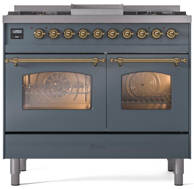 Nostalgie II 40 Inch Dual Fuel Natural Gas Freestanding Range in Blue Grey with Brass Trim