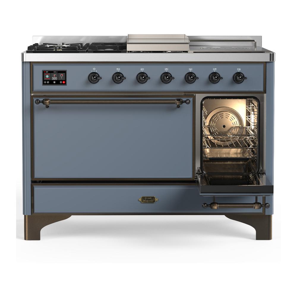 ILVE UM48FSQNR3BGB Majestic III 48 inch Dual Fuel Range with 5 Black Brass Burners, Griddle and French Top, Dual Function Burner up to 25,000 BTU (Natural Gas, Solid Door, Blue Grey, Burnished)