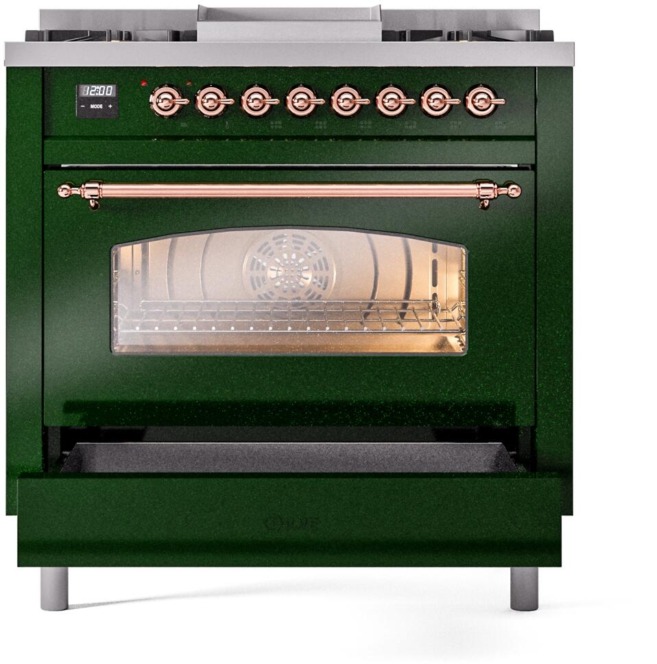 Nostalgie II 36 Inch Dual Fuel Liquid Propane Freestanding Range in Emerald Green with Copper Trim
