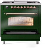 Nostalgie II 36 Inch Dual Fuel Liquid Propane Freestanding Range in Emerald Green with Copper Trim