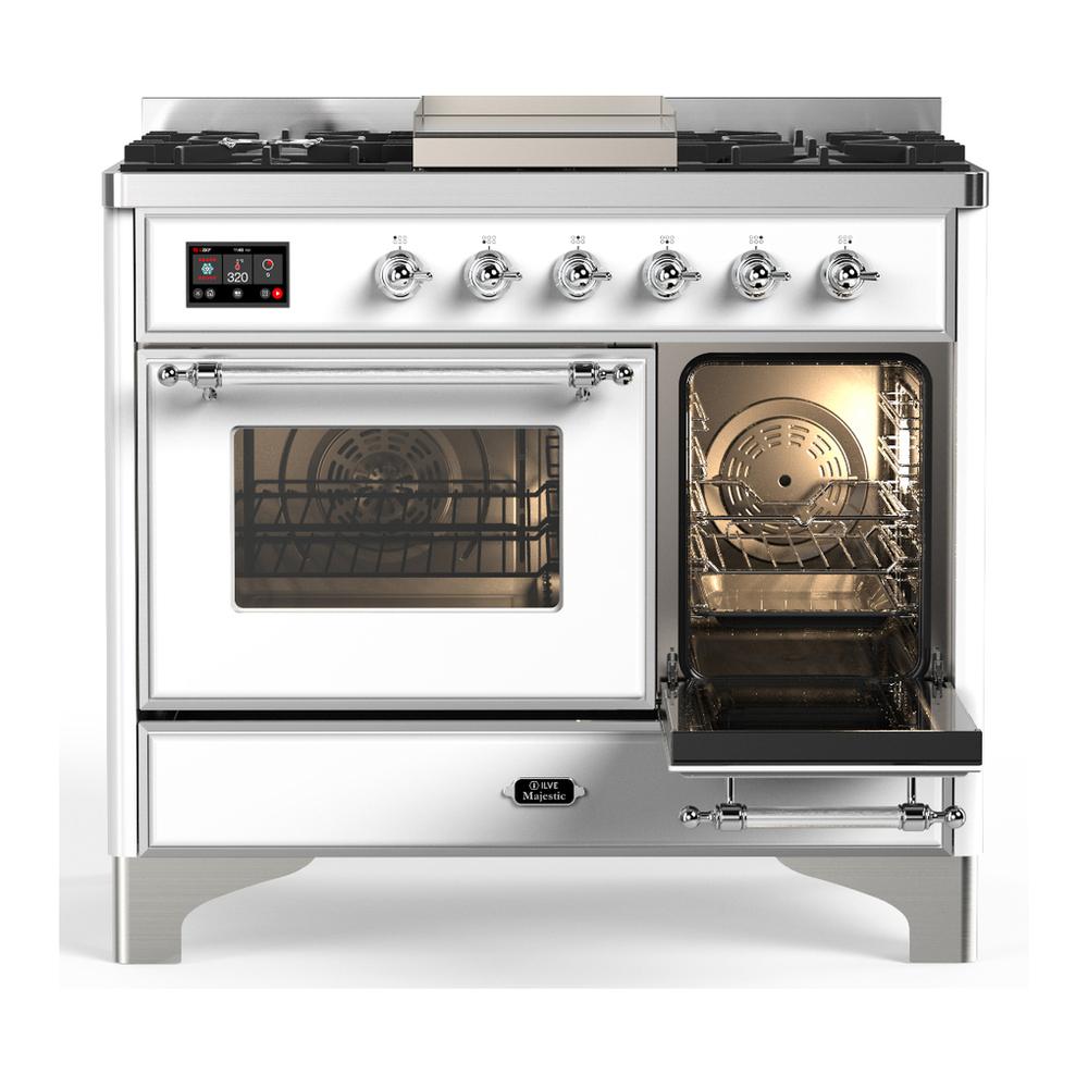 ILVE UMD40FNR3WHC Majestic III 40 inch Dual Fuel Range with 6 Burners and Griddle, Dual Function Burner up to 25,000 BTU (Natural Gas, Triple Glass Door, White, Chrome)