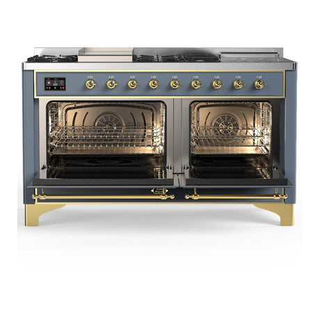 ILVE UM60FSNR3BGG Majestic III 60 inch Dual Fuel Range with 7 Burners, Griddle and French Top, Dual Function Burner with up to 25,000 BTU (Natural Gas, Triple Glass Door, Blue Grey, Brass)
